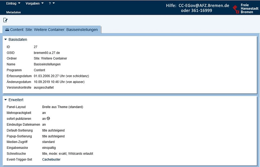 Bildschirmfoto der Ansicht der Metadaten eines Containers