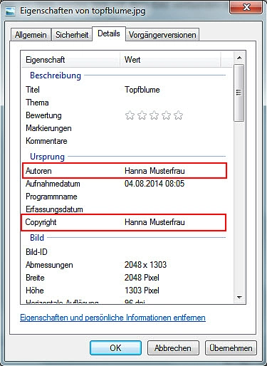 Eigenschaften eines Bildes