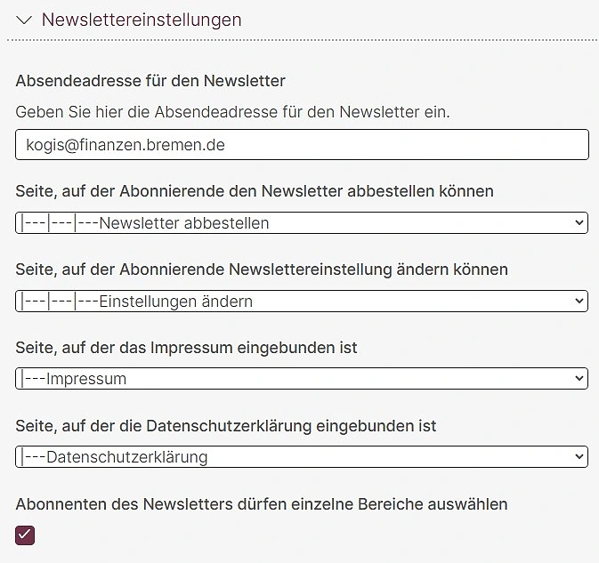 Bildschirmfoto Basiseinstellungen > Newsletter