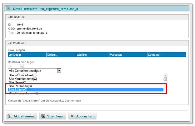 Bildschirmfoto Templateauswahl