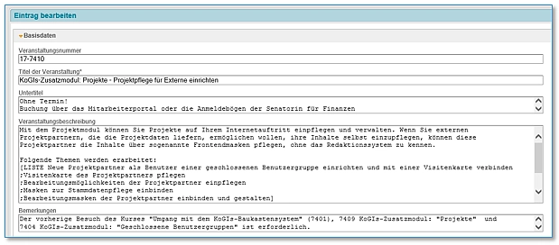 Beispiel für Beschreibungsfelder: das Veranstaltungsmodul