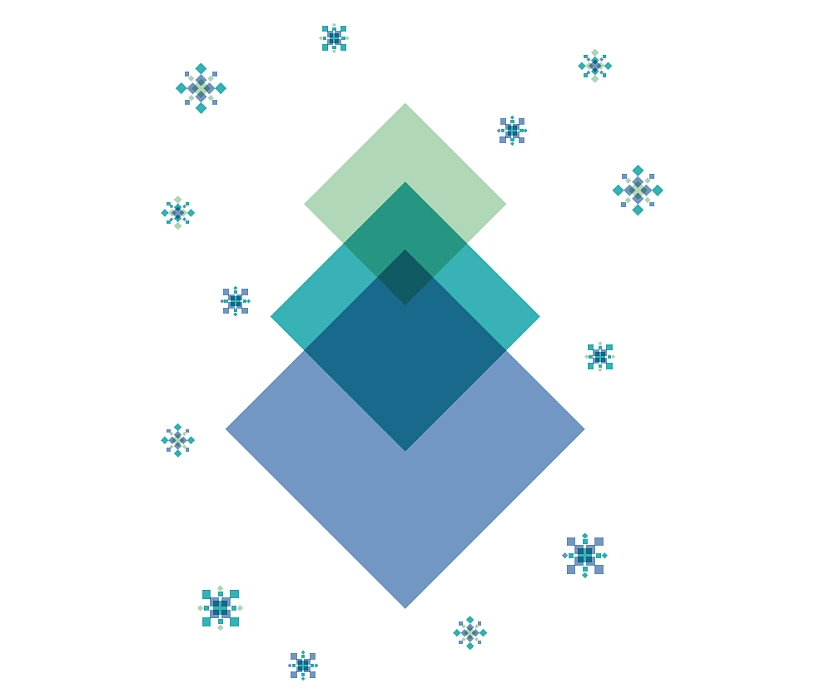 Es sind viele bunte Quadrate als Schneeflocken dargestellt, die um einen symbolischen Weihnachtsbaum angeordnet sind. Dieser Weihnachtsbaum besteht aus drei übereinander und überlappend angeordneten Quadraten, die auf jeweils einer Spitze stehen.